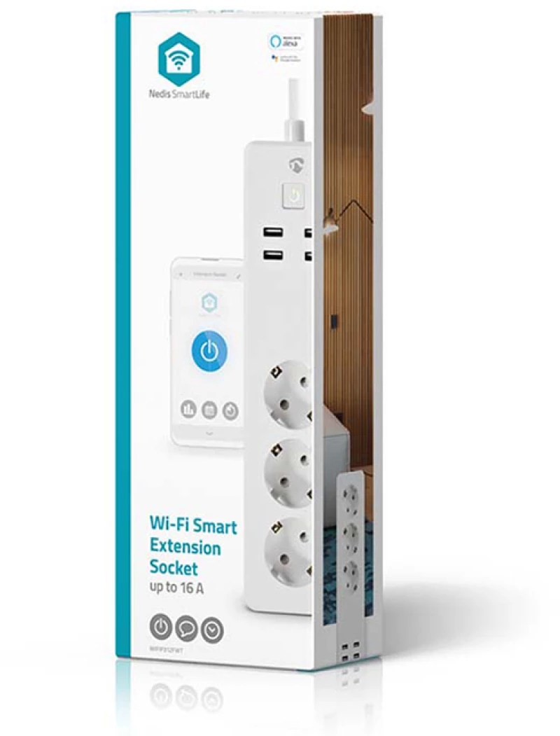 NEDIS WiFi Smart πολύπριζο 3 θέσεων και 4 θυρών USB WIFIP312FWT
