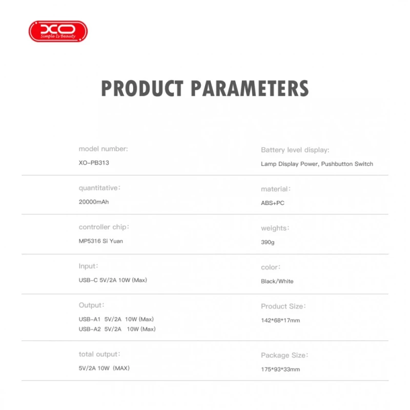 XO PB313 Powerbank 20000mAh Λευκό