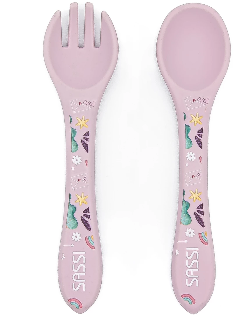Sassi Σετ κουτάλι & πηρούνι σιλικόνης LFGB 6m+ Sparkly The Unicorn SI0924