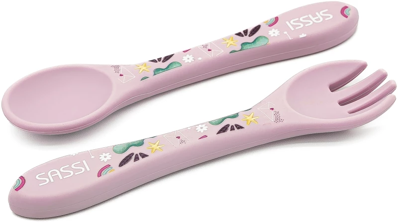 Sassi Σετ κουτάλι & πηρούνι σιλικόνης LFGB 6m+ Sparkly The Unicorn SI0924