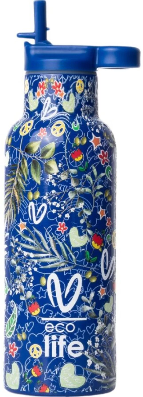 Ecolife Μπουκάλι Θερμός Ανοξείδωτο / Πλαστικό / Γυάλινο BPA Free Blue 500ml με Καλαμάκι