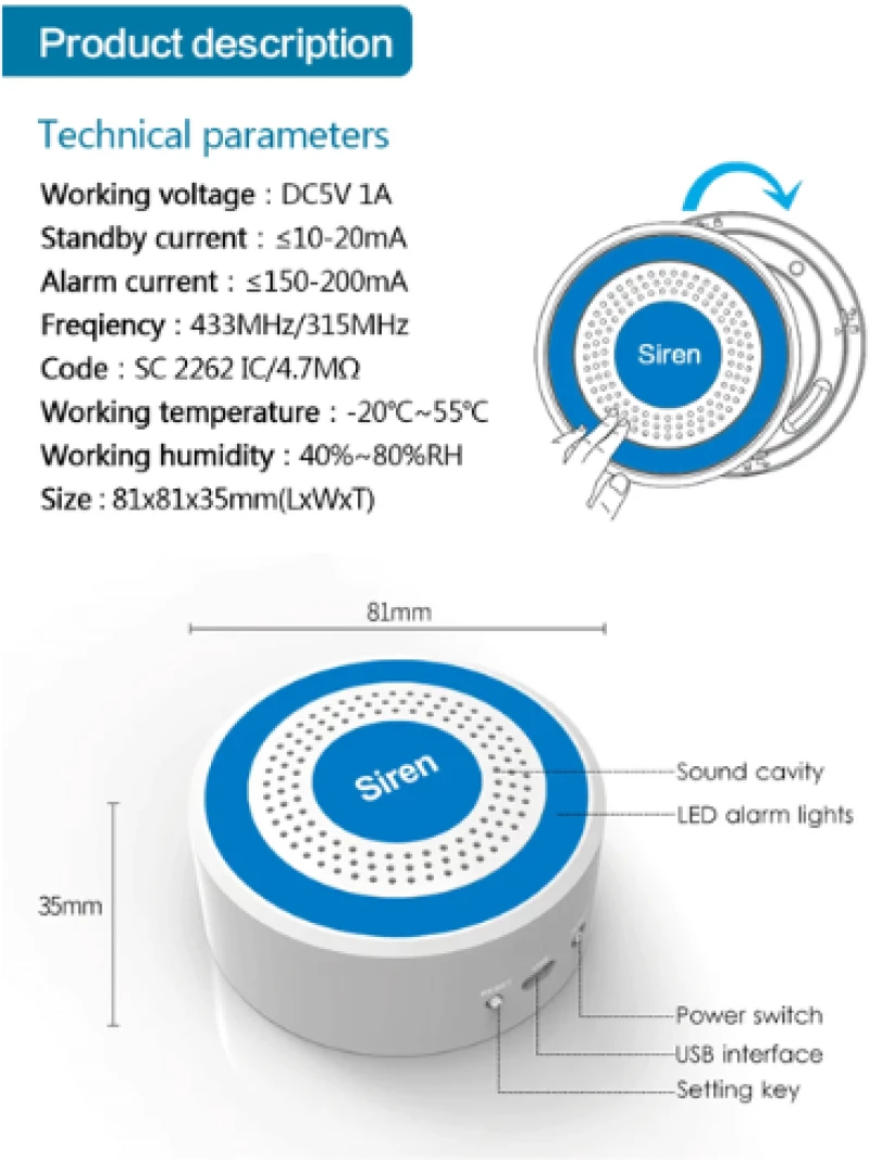 GST PE-519R Wireless Indoor Alarm Siren (Wi-Fi / 433 MHz White)