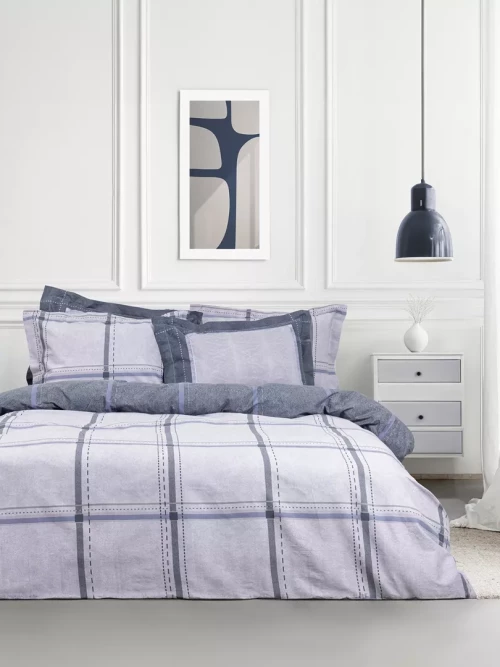 Σετ Παπλωματοθήκη Whilow Μπλε, Γκρι Υπέρδιπλη (1 x 220x240 + 2 Μαξιλαροθήκες Oxford 4 πλευρών 52x72+5)