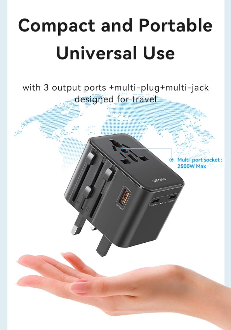 USAMS φορτιστής/αντάπτορας πρίζας CC309, USB & 2x USB-C, universal, 25W, μαύρος