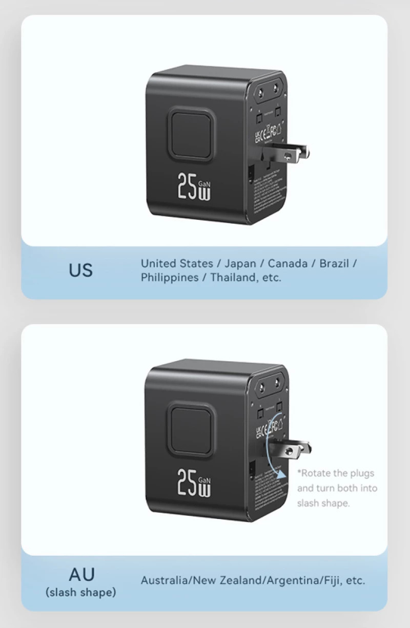 USAMS φορτιστής/αντάπτορας πρίζας CC309, USB & 2x USB-C, universal, 25W, μαύρος