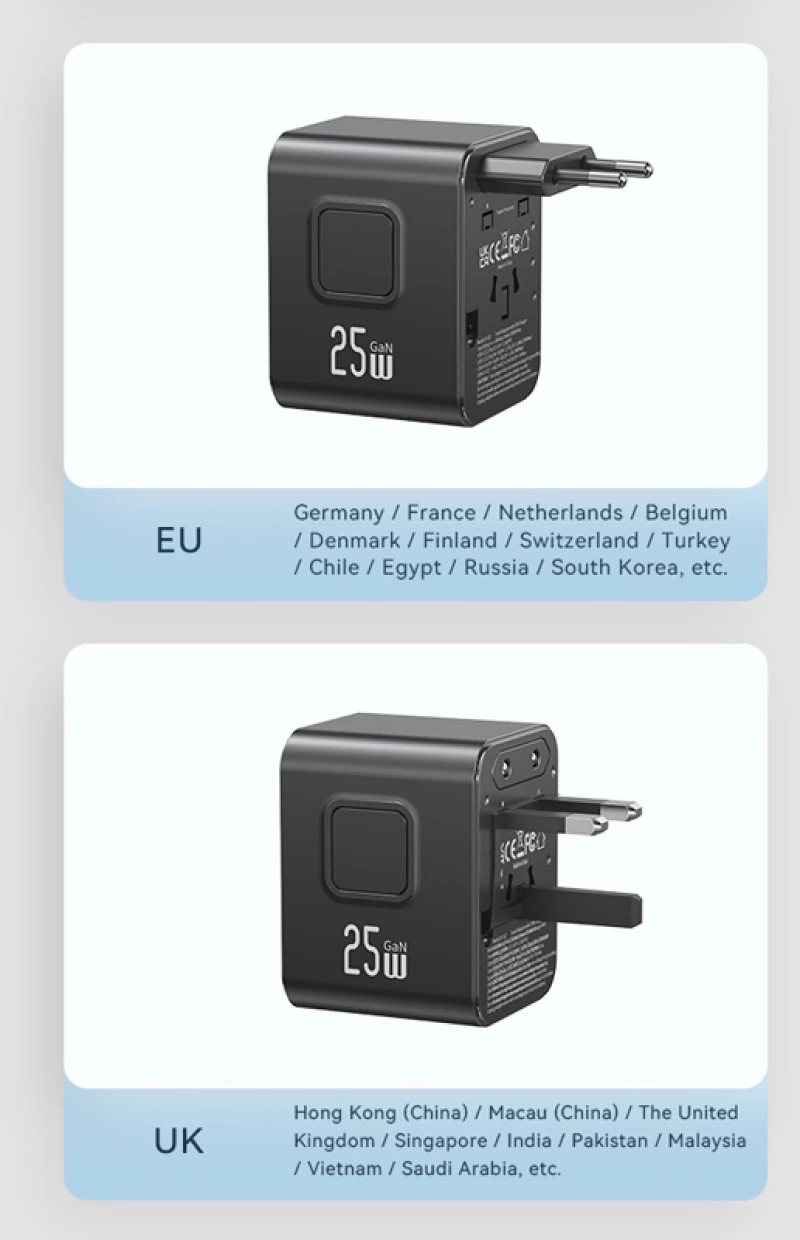 USAMS φορτιστής/αντάπτορας πρίζας CC309, USB & 2x USB-C, universal, 25W, μαύρος