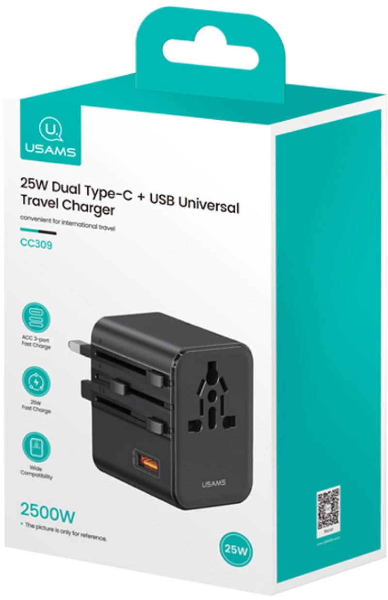 USAMS φορτιστής/αντάπτορας πρίζας CC309, USB & 2x USB-C, universal, 25W, μαύρος