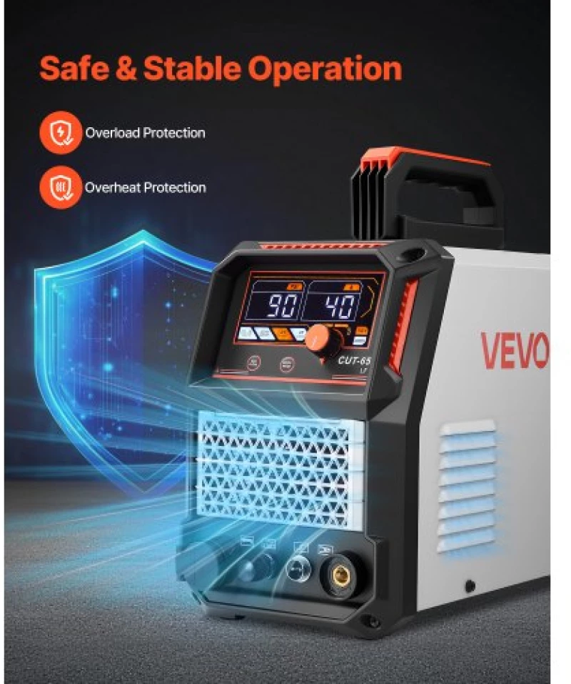 VEVOR Plasma Cutter, 65A Non-Touch Pilot Arc Plasma Cutting Machine Non-High Frequency - with 2T/4T Function & Adjustable PT Time, Digital Display IGBT Inverter for Home Repairs, Workshops