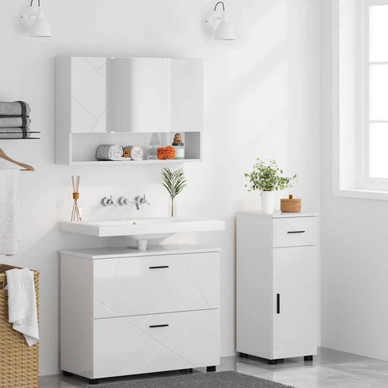 vidaXL Σετ Επίπλων Μπάνιου με συρτάρι 3 pcs Υψηλής γυαλάδας λευκό