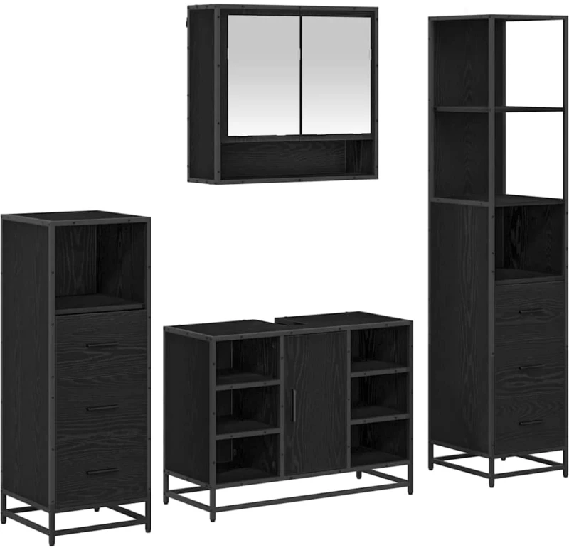 vidaXL Σετ Επίπλων Μπάνιου με ράφι 4 pcs Μαύρη Οξυά Επεξεργασμένο ξύλο