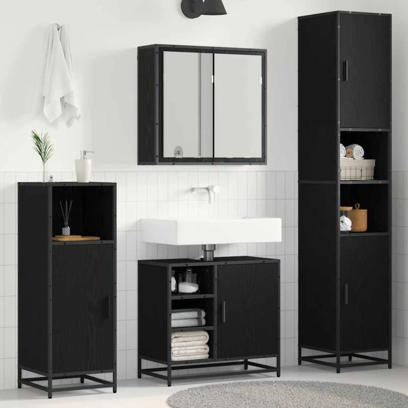 vidaXL Σετ Επίπλων Μπάνιου με ράφι 3 pcs Μαύρη Οξυά Επεξεργασμένο ξύλο