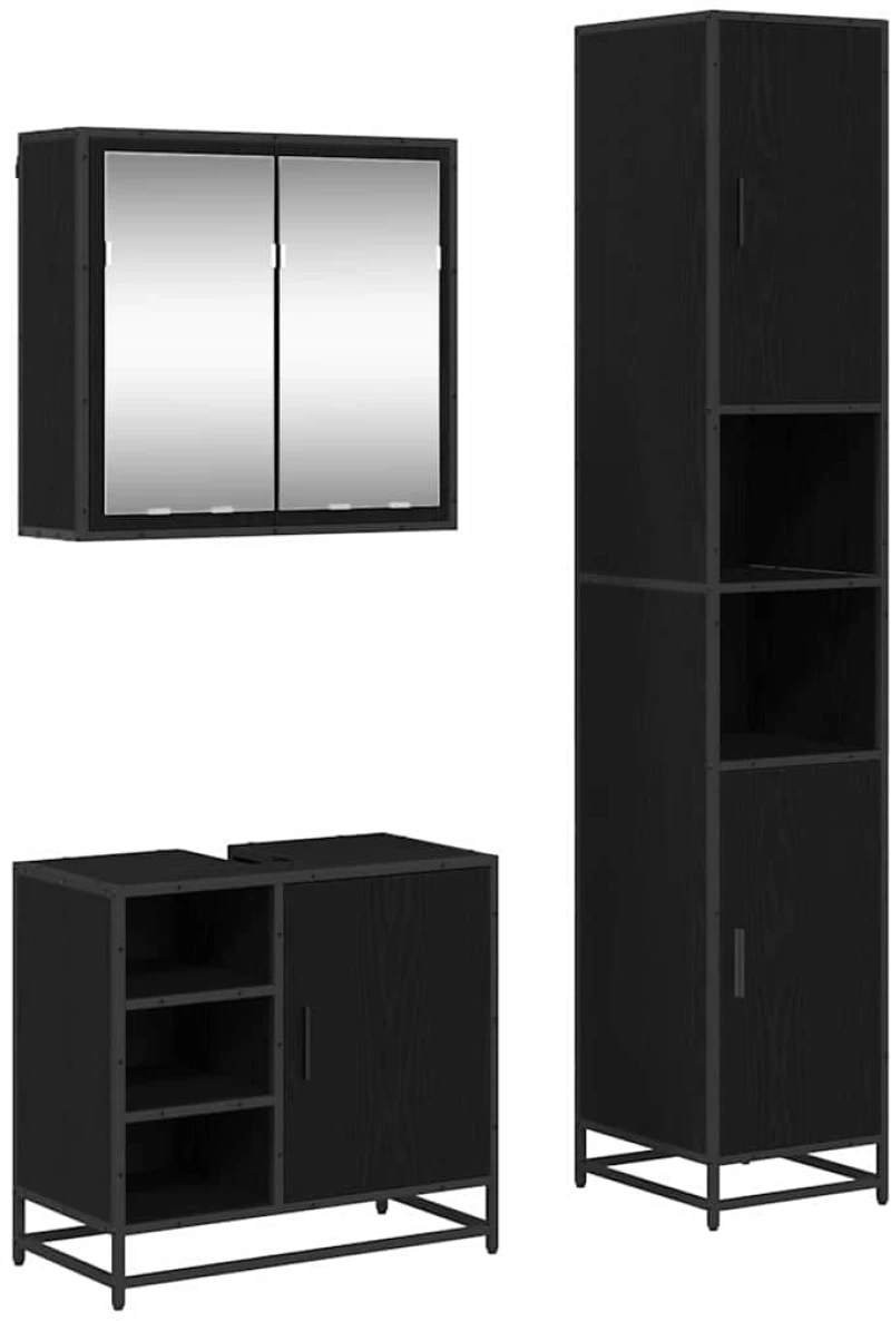 vidaXL Σετ Επίπλων Μπάνιου με ράφι 3 pcs Μαύρη Οξυά Επεξεργασμένο ξύλο