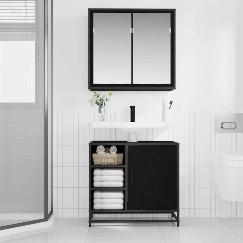 vidaXL Σετ Επίπλων Μπάνιου με ράφι 2 pcs Μαύρη Οξυά Επεξεργασμένο ξύλο
