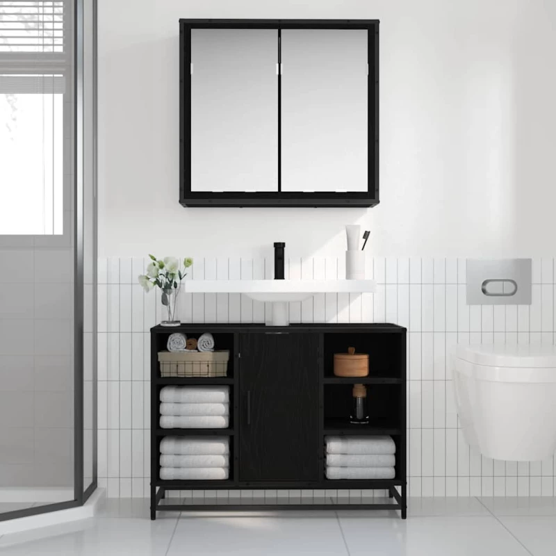 vidaXL Σετ Επίπλων Μπάνιου με ράφι 2 pcs Μαύρη Οξυά Επεξεργασμένο ξύλο