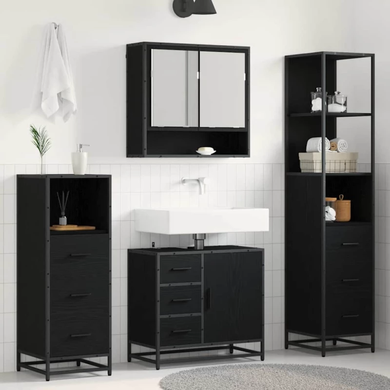 vidaXL Σετ Επίπλων Μπάνιου με ράφι 4 pcs Μαύρη Οξυά Επεξεργασμένο ξύλο
