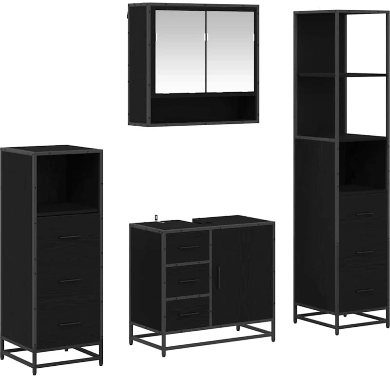 vidaXL Σετ Επίπλων Μπάνιου με ράφι 4 pcs Μαύρη Οξυά Επεξεργασμένο ξύλο
