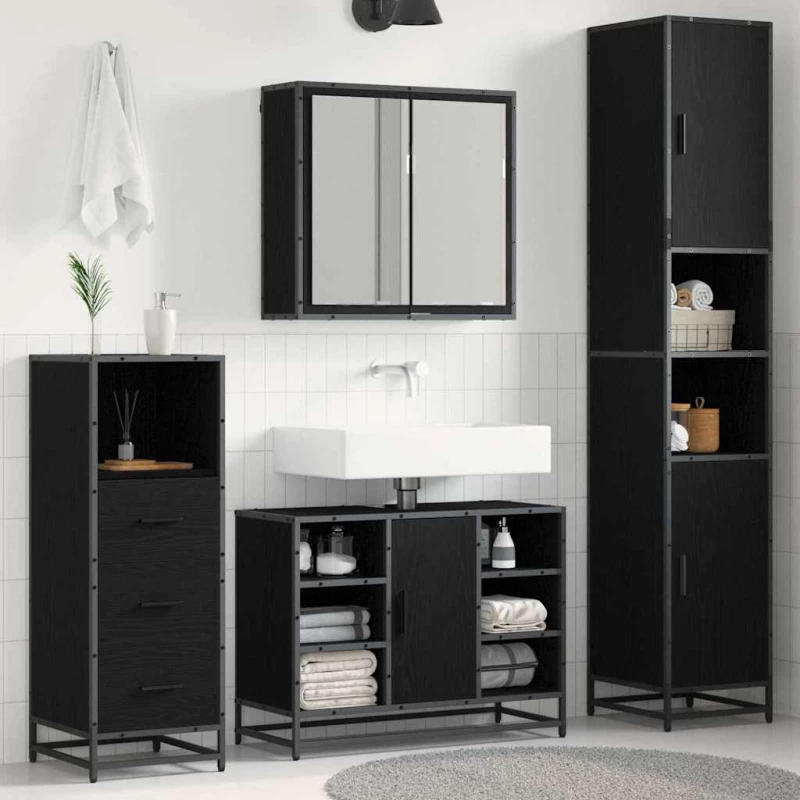 vidaXL Σετ Επίπλων Μπάνιου με ράφι 3 pcs Μαύρη Οξυά Επεξεργασμένο ξύλο