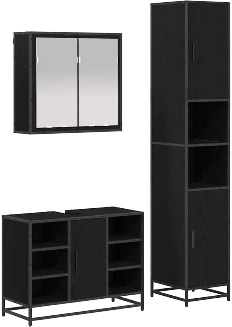 vidaXL Σετ Επίπλων Μπάνιου με ράφι 3 pcs Μαύρη Οξυά Επεξεργασμένο ξύλο