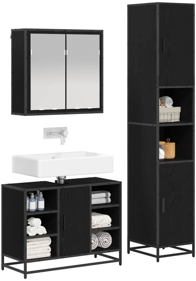 vidaXL Σετ Επίπλων Μπάνιου με ράφι 3 pcs Μαύρη Οξυά Επεξεργασμένο ξύλο