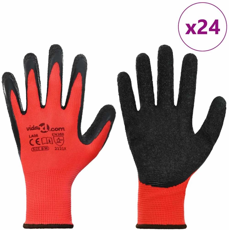 vidaXL Γάντια Εργασίας 24 pcs Κόκκινο και Μαύρο 8 / m
