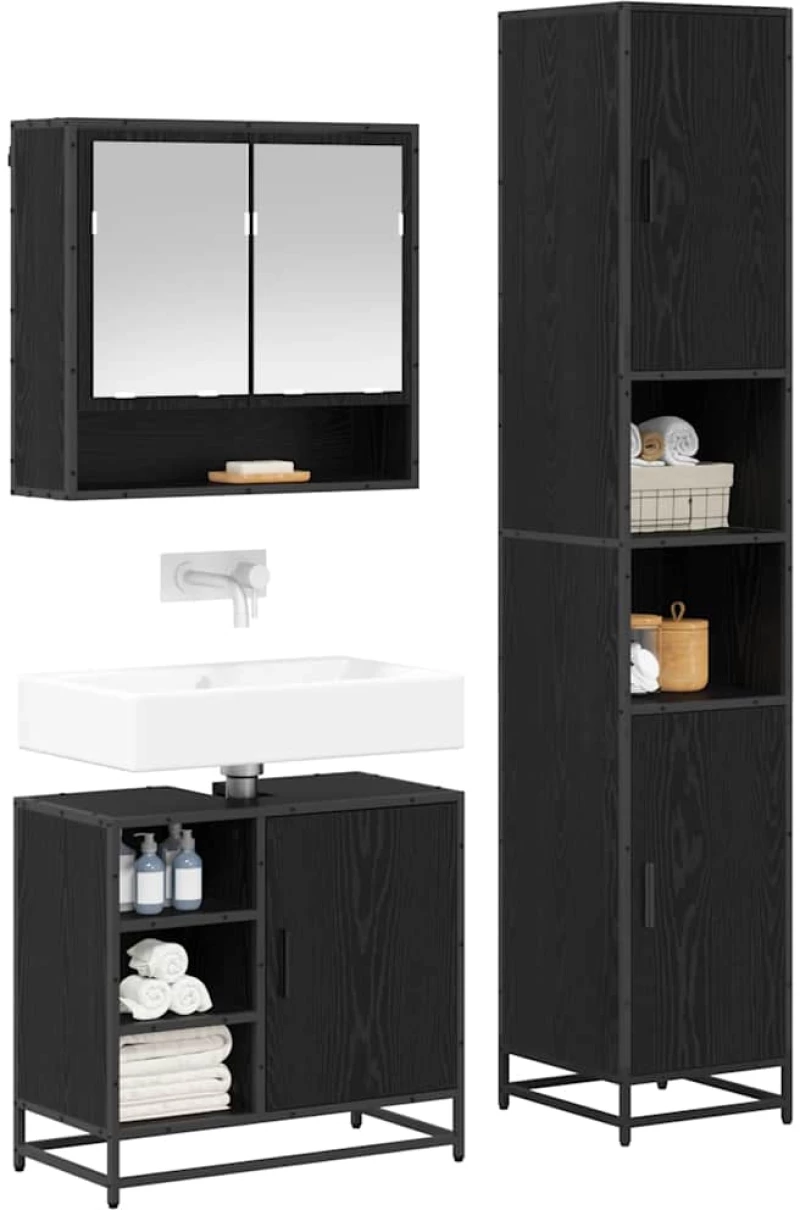 vidaXL Σετ Επίπλων Μπάνιου με ράφι 3 pcs Μαύρη Οξυά Επεξεργασμένο ξύλο