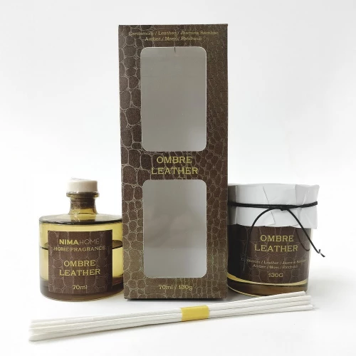 Αρωματικό Χώρου Mε Στικ 70ml & Αρωματικό Κερί 130gr Ombre Leather (Σετ 2τμχ) Nima