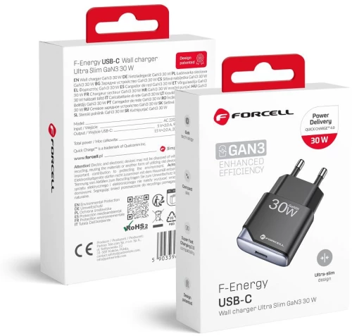 Phone Charger Forcell F-Energy Ultra Slim Gan Iii Usb C Pd Qc4.0 3A 30W B130101-E Black