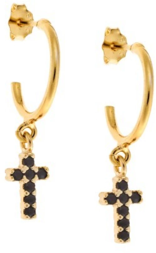 Σκουλαρίκια Κρίκοι Senza επιχρυσωμένο ασήμι 925, σταυρουδάκι διπλής όψης με μαύρα και λευκά ζιργκόν SSR3087GBKKR