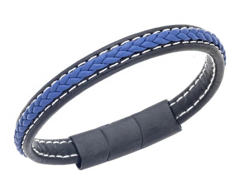 Βραχιόλι Senza Men`s Steel Black  και  Blue Leather Strap SSD4258-1BBL