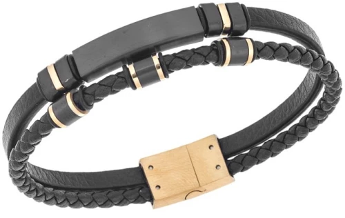 Βραχιόλι διπλό Senza Men`s Steel, Black Leather Strap, με μαύρη ταυτότητα και μαύρα / χρυσά στοιχεία SSD5818GBK