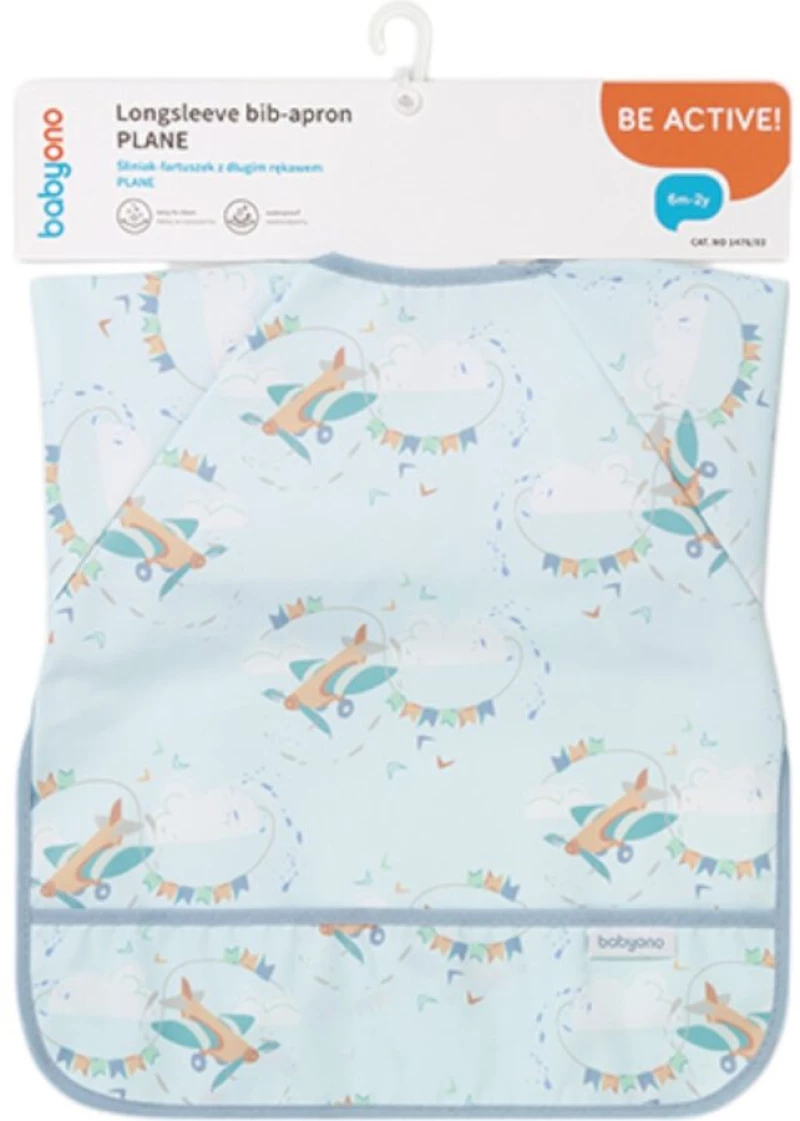 Plane, Light blue, Αδιάβροχη σαλιάρα με μακρύ μανίκι 6m+, BabyOno