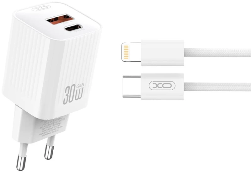 XO L149 ΦΟΡΤΙΣΤΗΣ PD30W 1 ΘΥΡΑ USB-A, 1 ΘΥΡΑ TYPE-C ΜΕ ΚΑΛΩΔΙΟ LIGHTNING, ΛΕΥΚΟΣ