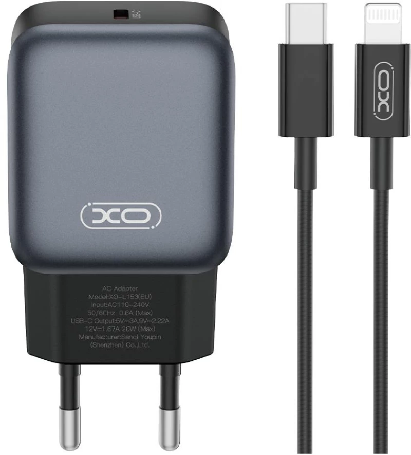 XO L153 ΦΟΡΤΙΣΤΗΣ 20W, ΜΕ ΚΑΛΩΔΙΟ LIGHTNING, ΜΑΥΡΟΣ