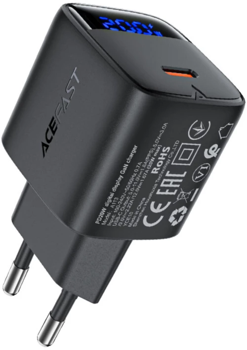 Φορτιστής Ταξιδίου Acefast A113 Fast Charging USB-C PD20W GaN με Digital Ένδειξη Φόρτισης Μαύρος