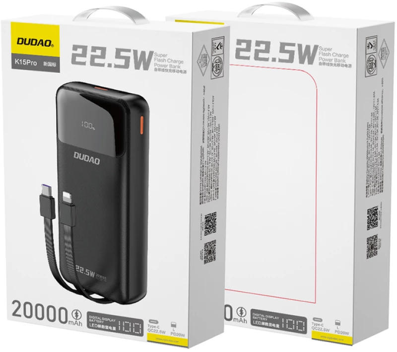 Dudao K15Pro Power Bank 20000mAh 22.5W PD USB-C / USB-A / Built-in Lightning and USB-C Cables - Black