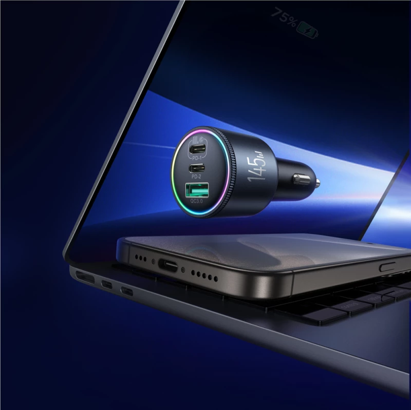 Joyroom JR-CCN07 145W Car Charger 2xUSB-C USB-A + 100W USB-C Cable - Dark Gray