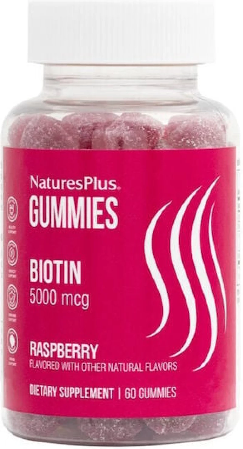 NATURE'S PLUS Gummies Biotin 5000mcg Raspberry Με Βιοτίνη Για Την Υγεία Μαλλιών Νυχιών & Δέρματος 60 Ζελεδάκια