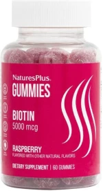 NATURE'S PLUS Gummies Biotin 5000mcg Raspberry Με Βιοτίνη Για Την Υγεία Μαλλιών Νυχιών & Δέρματος 60 Ζελεδάκια
