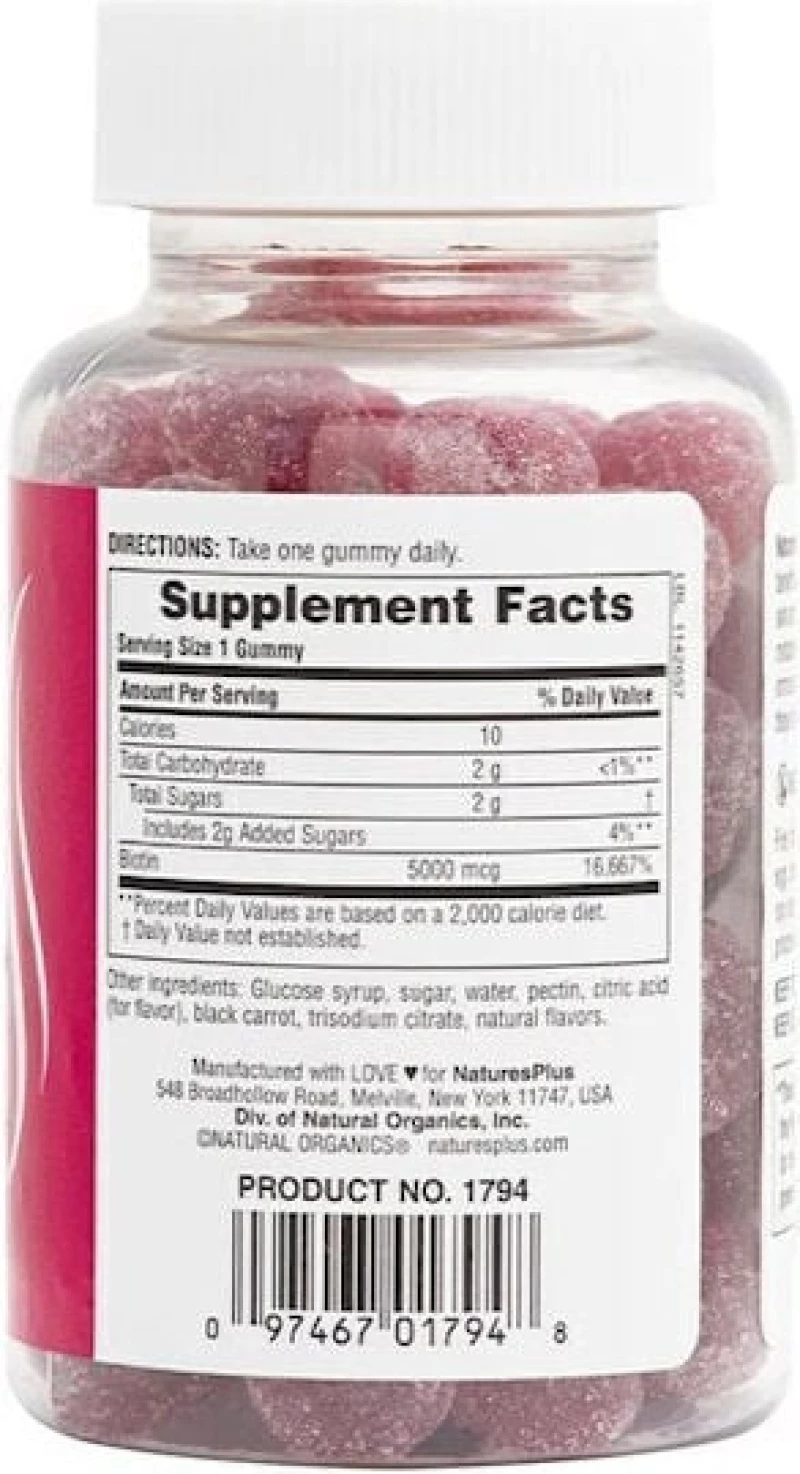 NATURE'S PLUS Gummies Biotin 5000mcg Raspberry Με Βιοτίνη Για Την Υγεία Μαλλιών Νυχιών & Δέρματος 60 Ζελεδάκια