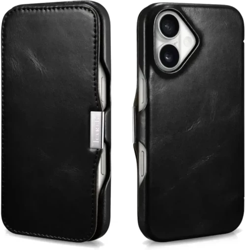 Θήκη iPhone 16 iCarer Vintage Series Side-Open Flip Σκληρή Δερμάτινη με MagSafe - Black (WMI16240713-BK)