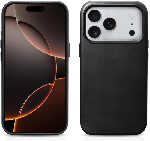 Θήκη iPhone 17 Pro Max iCarer Leather Back Case With Camera Button Δερμάτινη με MagSafe & Μεταλλικό Πλαίσιο Κάμερας - Black (WMI17250704-BK)