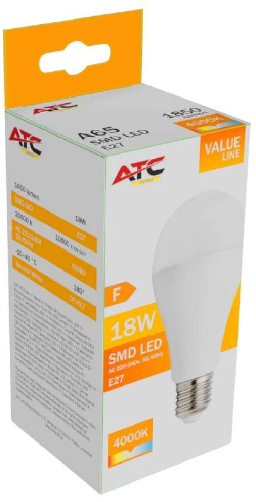 ATC SMD LED Λαμπτήρας A65 230V 18W/1850LM E27 4000K