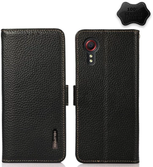 Θήκη κινητού τηλεφώνου Samsung Galaxy Xcover 5 KHAZNEH με μαγνητικό κλείσιμο, από γνήσιο δέρμα Litchi και προστασία RFID (Μαύρο)