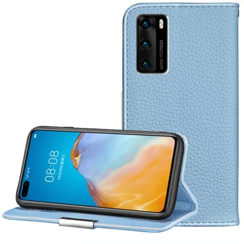 Για Huawei P40 Litchi υφή στερεό χρώμα οριζόντια Flip δερμάτινη θήκη με βραχίονα & υποδοχές για κάρτες & πορτοφόλι & κορδόνι (Ανοιχτό Μπλε)