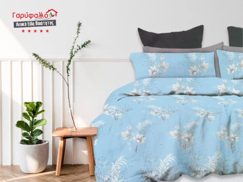 Σετ Σεντόνια Γίγας - King Size Βαμβοκασατεν 200 Κλωστών Γαλάζιο Ανεμώνα Γαρύφαλλο 235x255