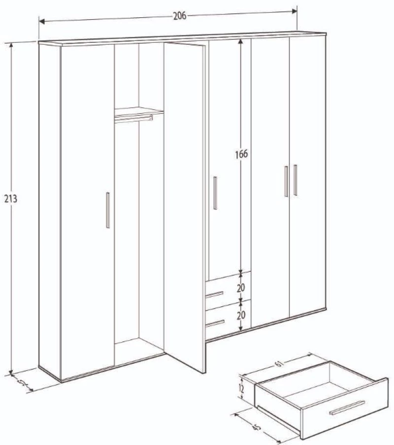 Ντουλάπα white Εξάφυλλη λευκό 206x213x52cm
