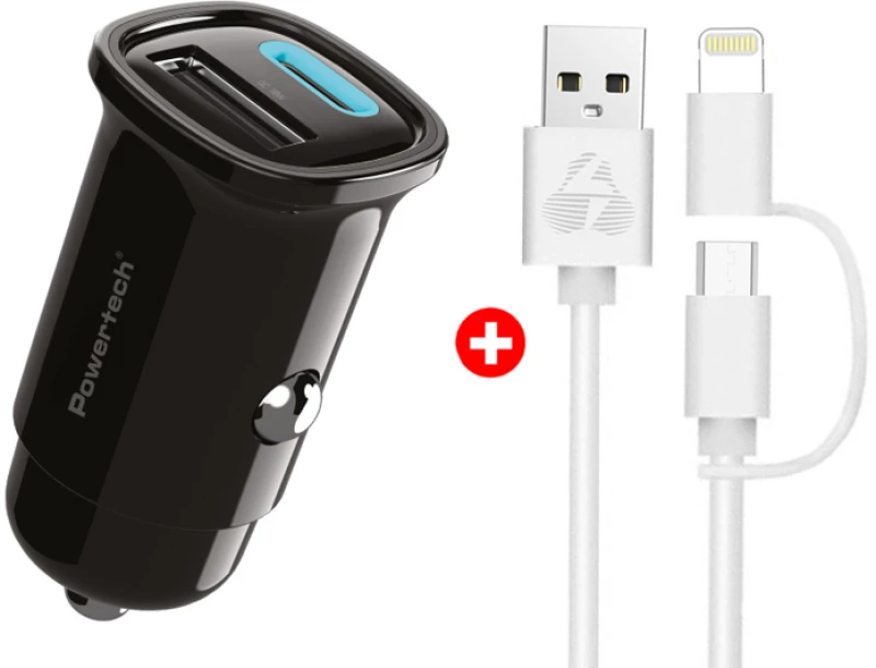 POWERTECH φορτιστής αυτοκινήτου με καλώδιο MFi USB σε micro USB/Lightning BNDL-0206, USB & USB-C, 30W, μαύρο/λευκό