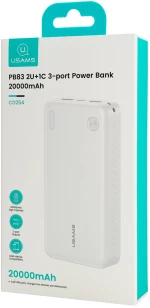 USAMS power bank CD254, 2x θύρες εξόδου, 20000mAh, 10W, λευκό