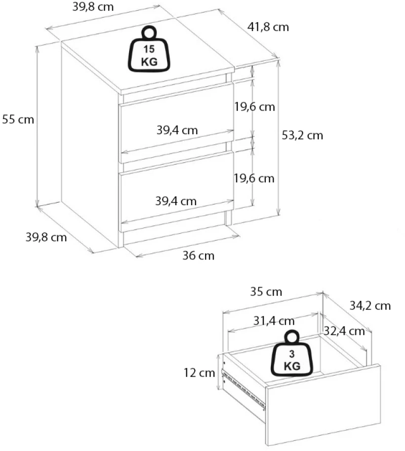 Κομοδίνο Breve  χρώμα λευκό 39,8x41,8x55εκ.