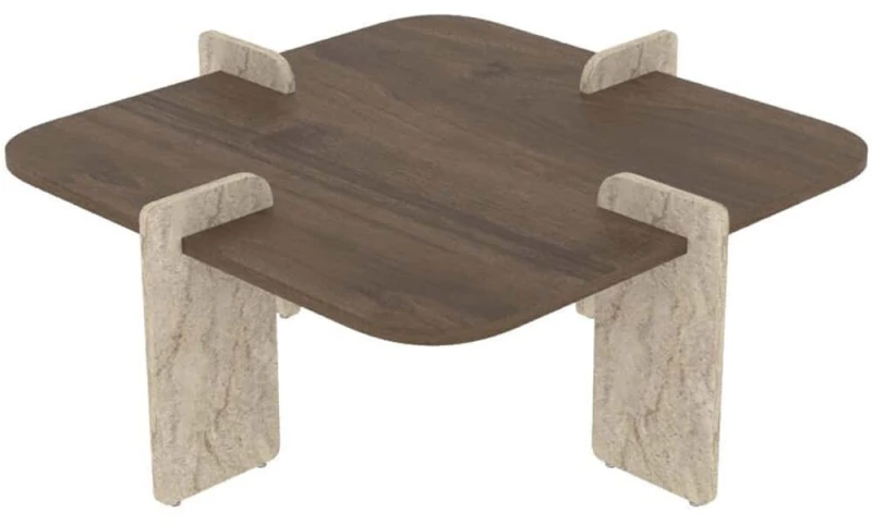 Τραπέζι Σαλονιού Poalla 116SAM1504 90x90x35cm Walnut-Travertine Beige